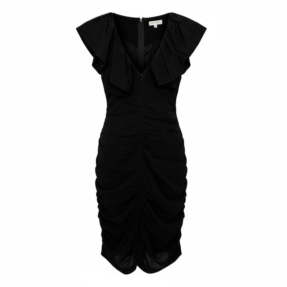 Hello Molly Black Ruched Ruffle Shoulder V-Neck Bodycon Dress Womens US 4 Small